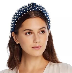 Lele Sadoughi Embellished Blue Pearl Velvet Knot Headband